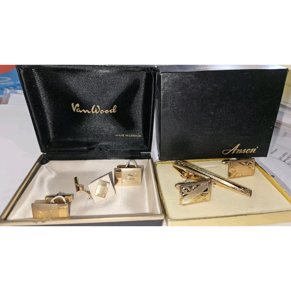 VTG Gold tone ANSON & VAN WOOD Art Deco Engraved Scroll Men's Cufflinks Tie Clip